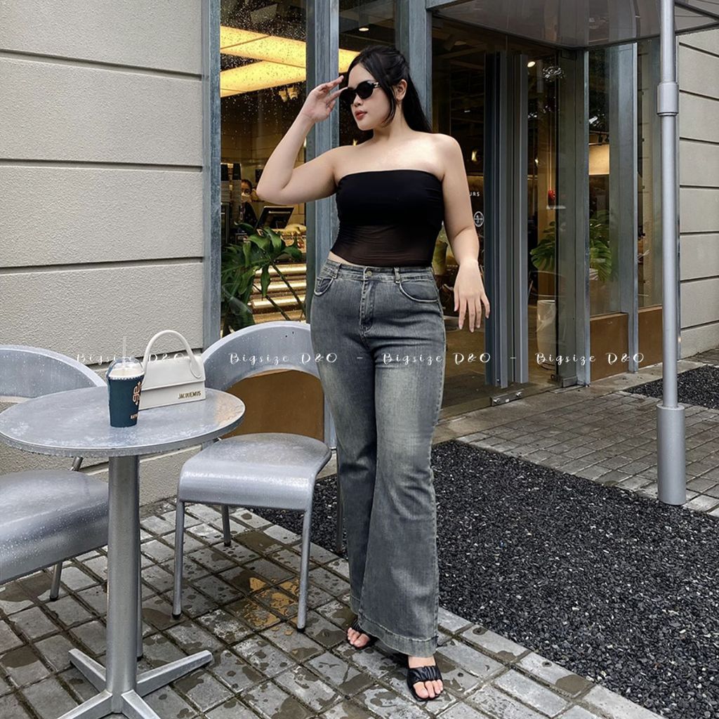 Quần Jean Ống Loe Xanh Rêu 1154, Lai To, Lưng Cao, Co Giãn Mạnh, Dài 103cm