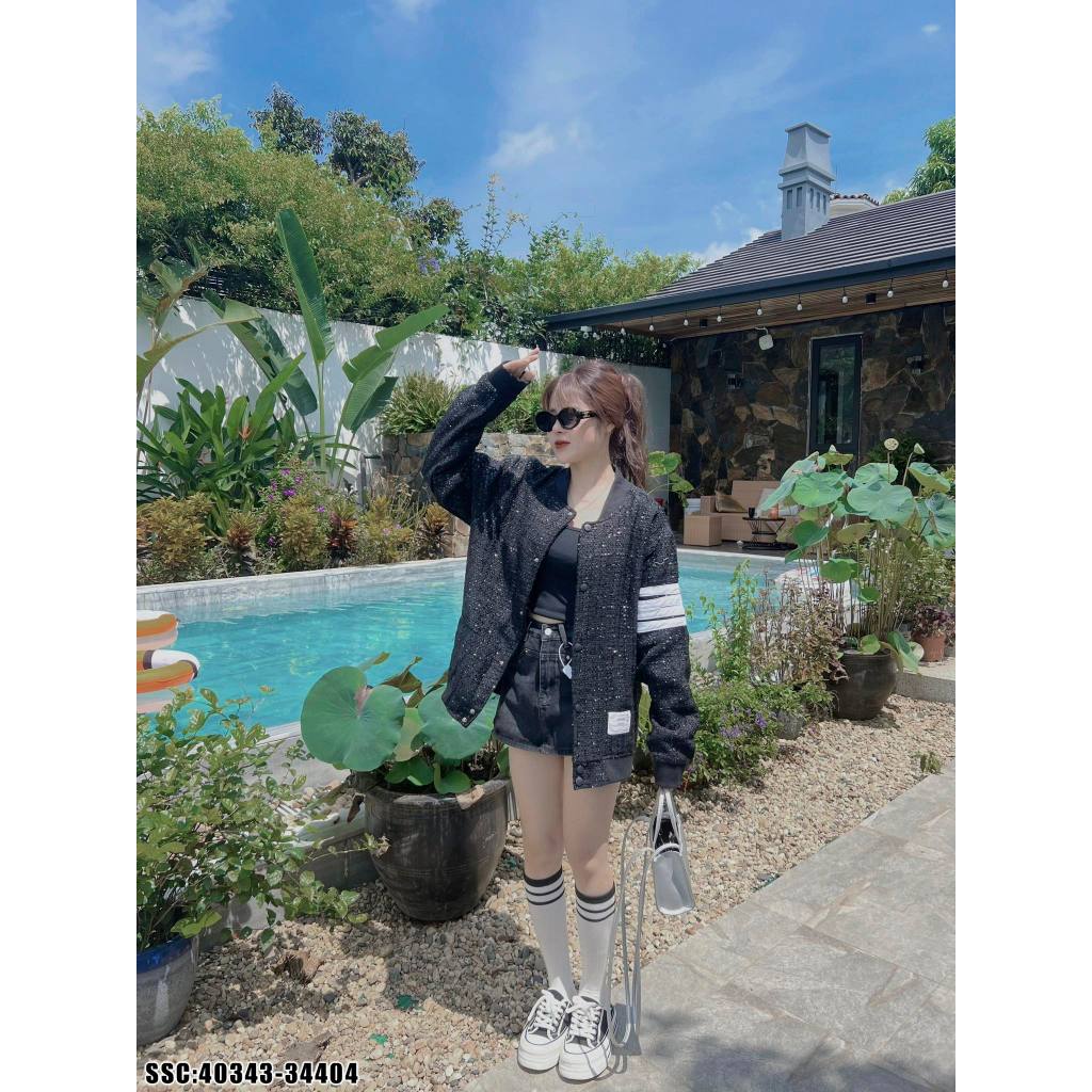 Áo Khoác Bomber Thome Chất Dạ Kim Tuyến Cao Cấp 4 Vạch trắng - Bomber Thome Nam Nữ Chất Dạ Nhũ Kim Tuyến đẹp