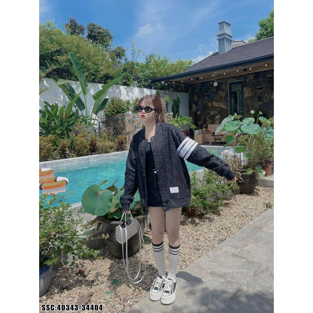 Áo Khoác Bomber Thome Chất Dạ Kim Tuyến Cao Cấp 4 Vạch trắng - Bomber Thome Nam Nữ Chất Dạ Nhũ Kim Tuyến đẹp