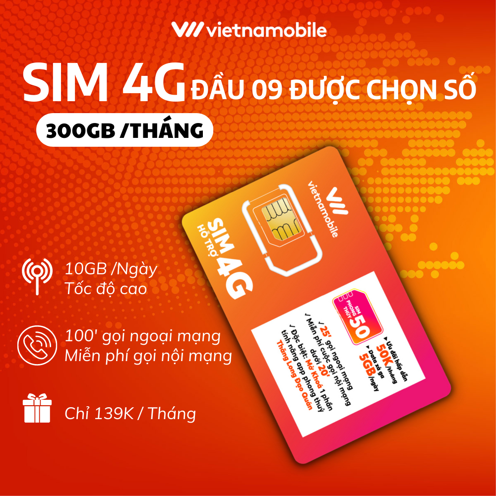 Sim 4G Vietnamobile siêu ưu đãi Data 10GB/ngày, Số đẹp đầu 09, Tặng 100p ngoại mạng, Miễn phí nội mạng,Đăng ký chính chủ