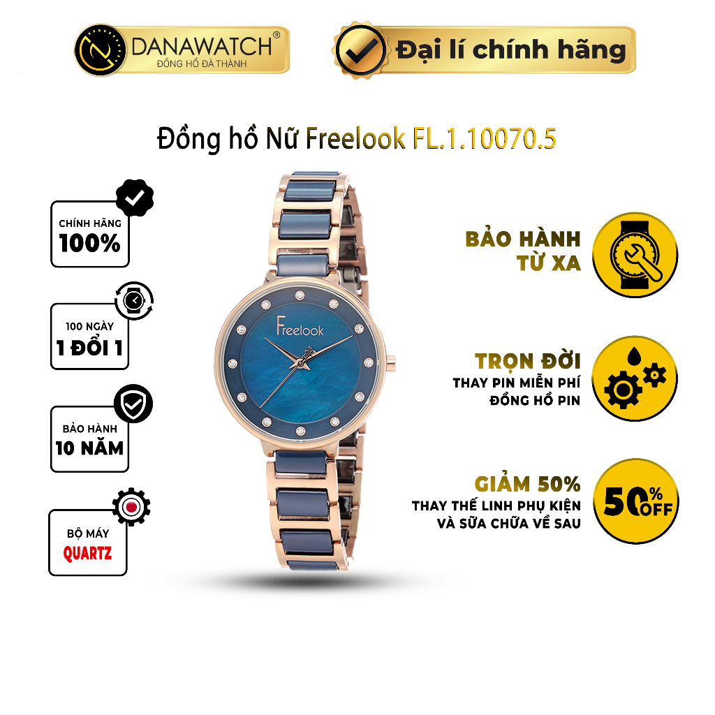 Đồng hồ nữ Freelook FL.1.10070.5 cao cấp dây kim loại chất liệu gốm xanh navy độc đáo mặt số đính đá sang trọng