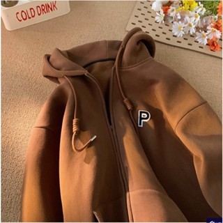 Áo Hoodie nữ zip unisex, khoác bomber nỉ bông thêu chữ P mũ áo trùm đầu 2 lớp thân áo 1 lớp
