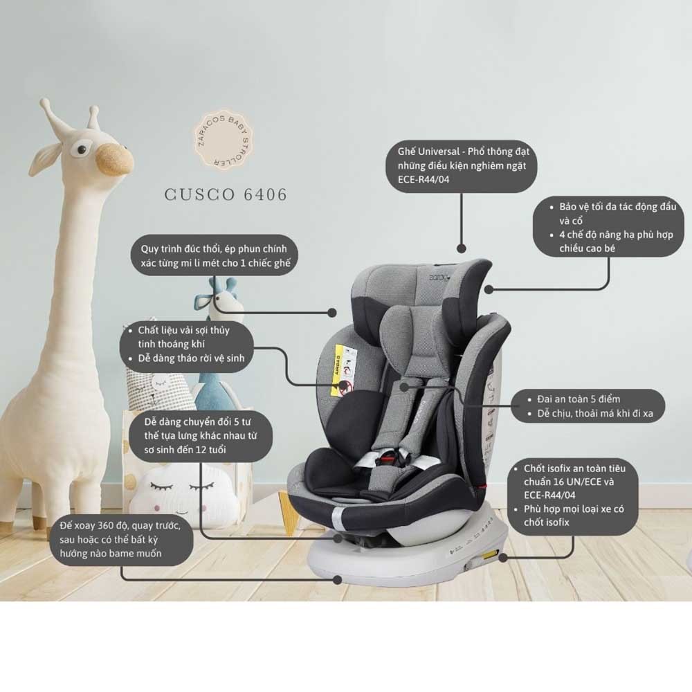 Ghế ngồi ô tô cho bé xoay 360° – Zaracos CUSCO 6406 – ISOFIX nhiều màu sắc