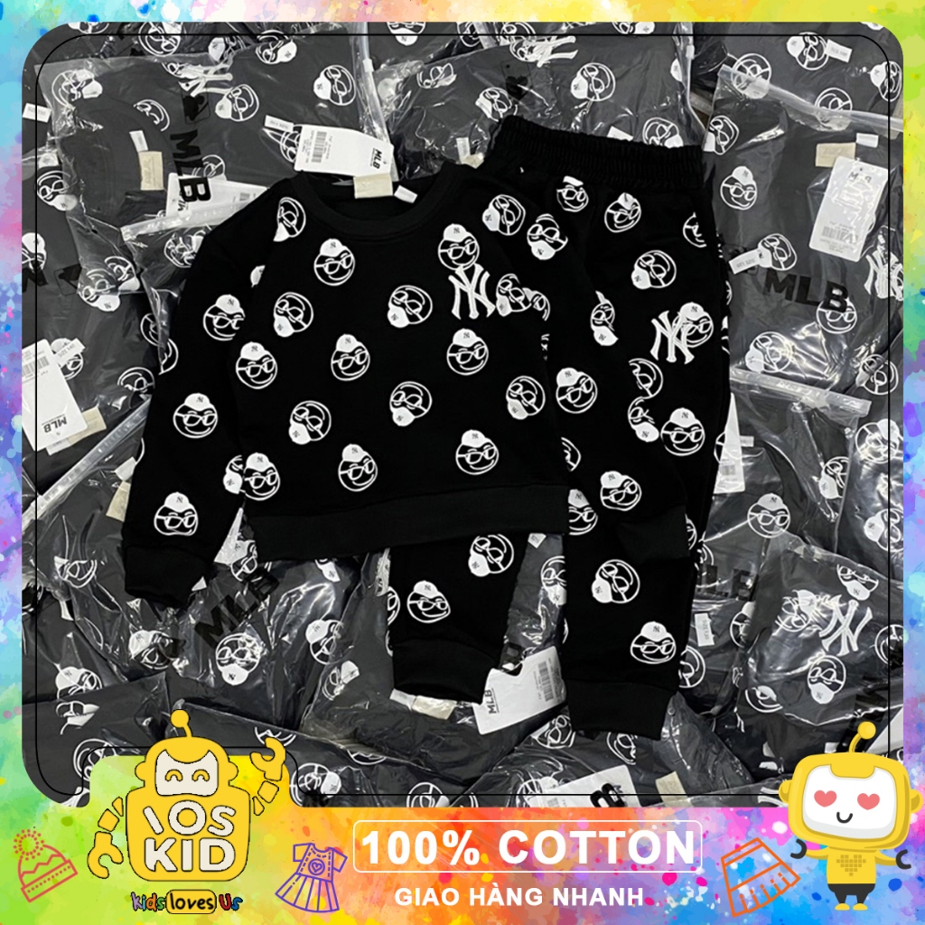 Bộ nỉ da cá NY Mlb cho bé trai hoạ tiết gấu màu đen size từ 12-35 cân