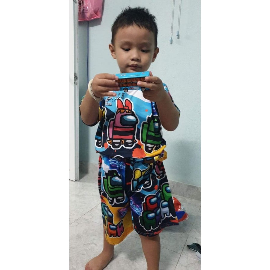 Đồ bộ bé trai thun lạnh mềm mịn, co giãn tốt 3D cộc tay hình Among Us cho bé trai size đại 10-50kg