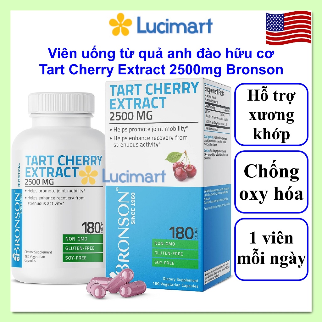 Viên uống từ quả anh đào hữu cơ Tart Cherry Extract 2500mg Bronson hộp 180 viên