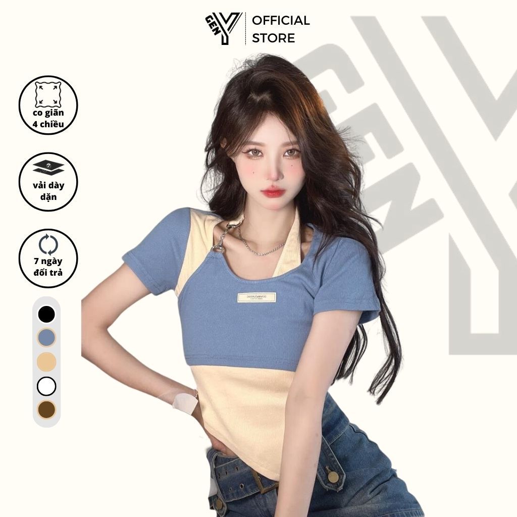 Áo croptop cổ yếm 2 lớp phối màu GenY, Áo kiểu nữ ngắn tay vạt nhọn phối khuyên vai chất vải thun gân dày dặn -C10-