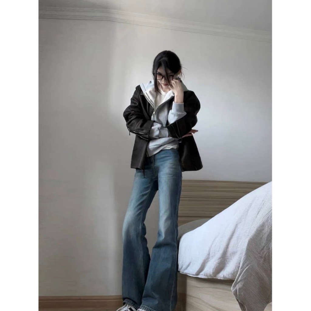 Quần jeans nữ ống loe chất co dãn xanh đậm mài chất mịn MS 12