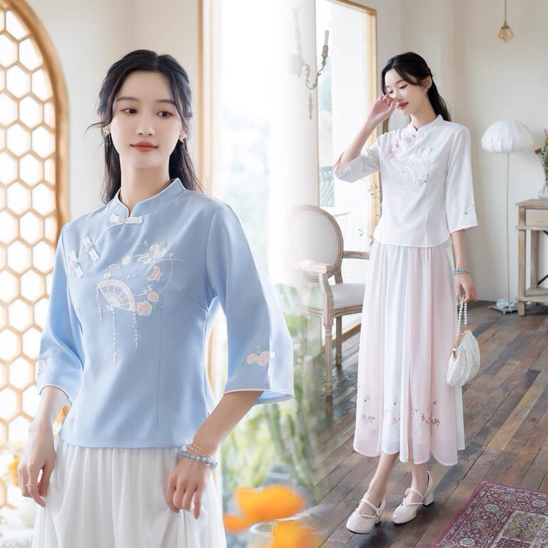 Bộ set cổ trang trung hoa hán phục trung quốc đồ lam đi lễ chùa trang phục bàn trà spa