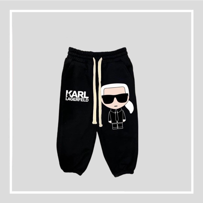 Quần nỉ joger da cá màu đen in hình logo cho bé trai bé gái size từ 12-40 cân