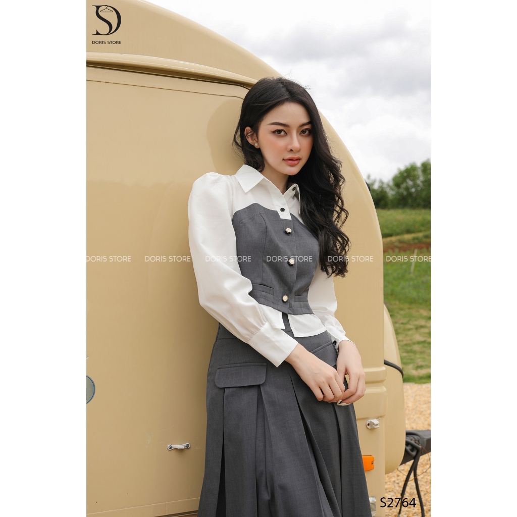 Set áo dài tay bồng thiết kế Doris màu ghi phối trắng mix chân váy dập ly dáng dài s2764