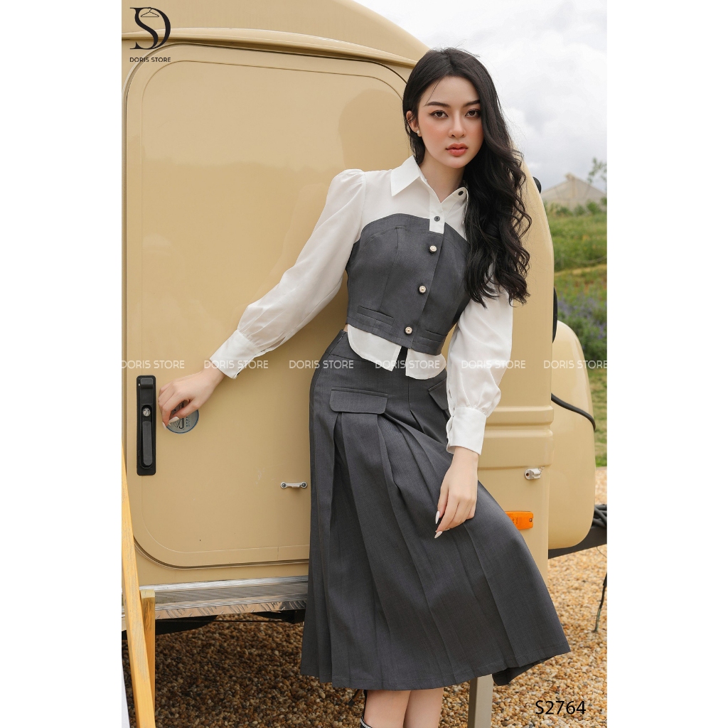 Set áo dài tay bồng thiết kế Doris màu ghi phối trắng mix chân váy dập ly dáng dài s2764