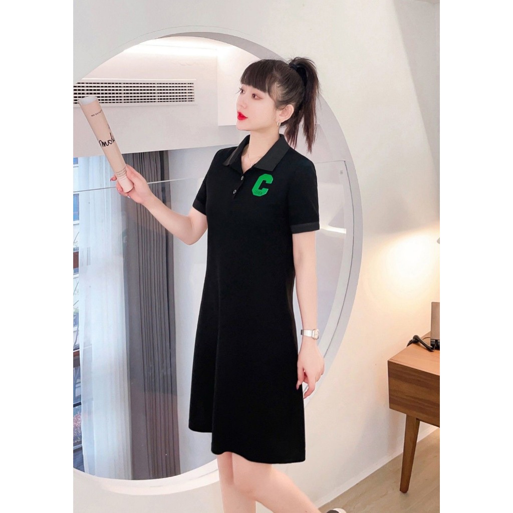 Váy polo nữ suông cộc tay thêu chữ, Đầm suông nữ chất vải poly bền đẹp  thoáng mát thời trang mùa hè cao cấp_DP01