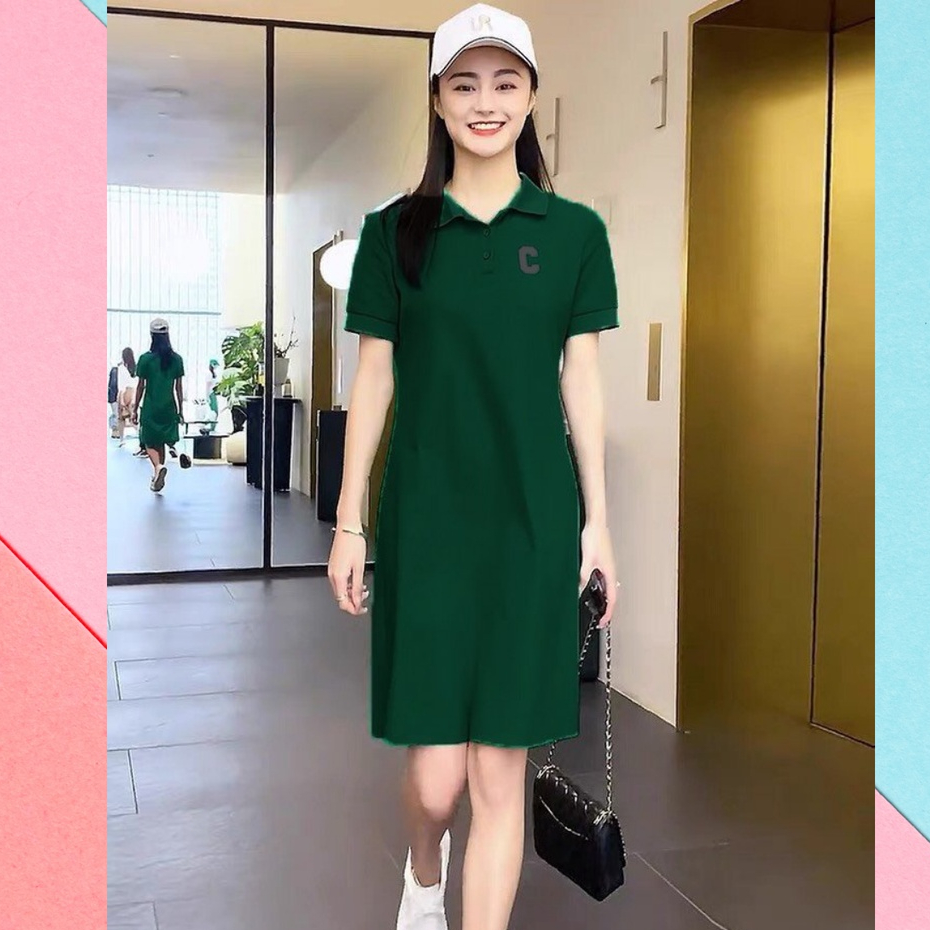 Váy polo nữ suông cộc tay thêu chữ, Đầm suông nữ chất vải poly bền đẹp  thoáng mát thời trang mùa hè cao cấp_DP01
