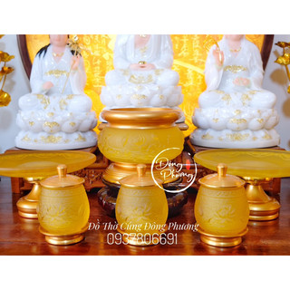 Bộ đồ thờ cúng đá lưu ly cao cấp, set đồ thờ gia tiên, thần tài thổ địa đá lưu ly thân hợp kim mạ đồng cao cấp
