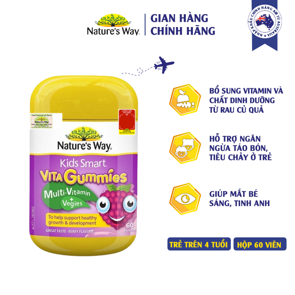 Kẹo Dẻo Vi Chất Vitamin Cho Bé Nature's Way Vita Gummies MultiVitamin+Vegies Bổ Sung Vitamin Và Chất Xơ Cho Bé Hộp 60v