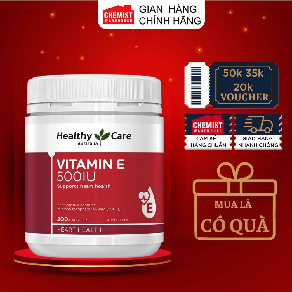 Viên uống giúp đẹp da, dưỡng tóc bổ sung vitamin E Healthy Care 500IU 200 viên