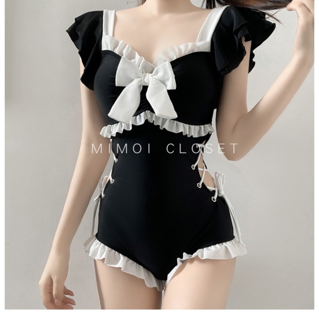 Bikini INFLACHI đi biển nữ 1 mảnh kín đáo liền thân trẻ trung vải co giãn che bụng phong cách tiểu thư 0864 D2T1