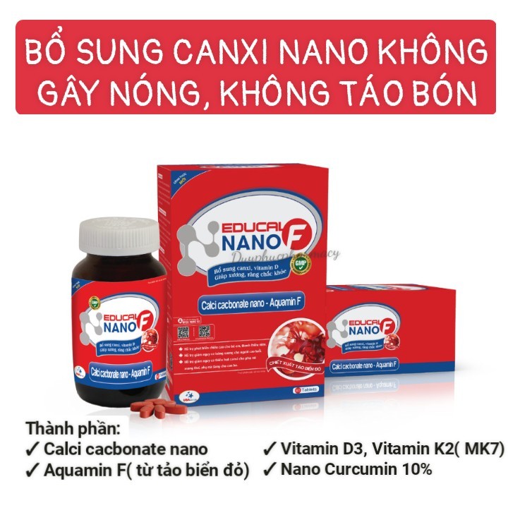 Hộp 60 Viên uống canxi nano hữu cơ Mk7, chiết xuất tảo biển đỏ EDUCAL NANO F bổ sung canxi, không nóng, không táo bón