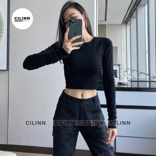 Áo croptop cổ tròn tay dài Chất Thun gân Cilinn Co Dãn Áo thun ôm body
