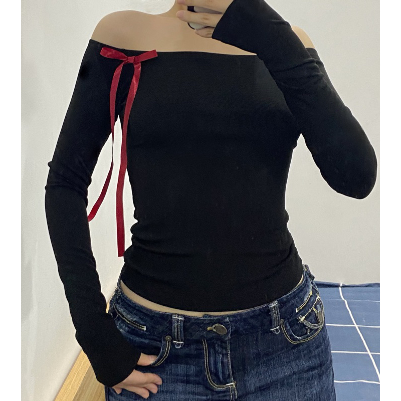 đồ đẹp áo tay dài trễ vai ôm body phối nơ — LASSY TOP