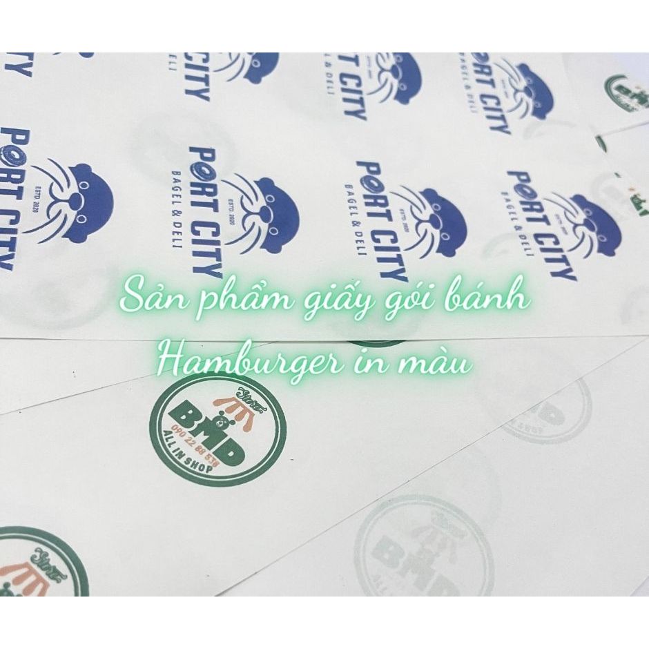 Giấy gói bánh Hamburger (chống thấm dầu) in logo thương hiệu nhiều màu