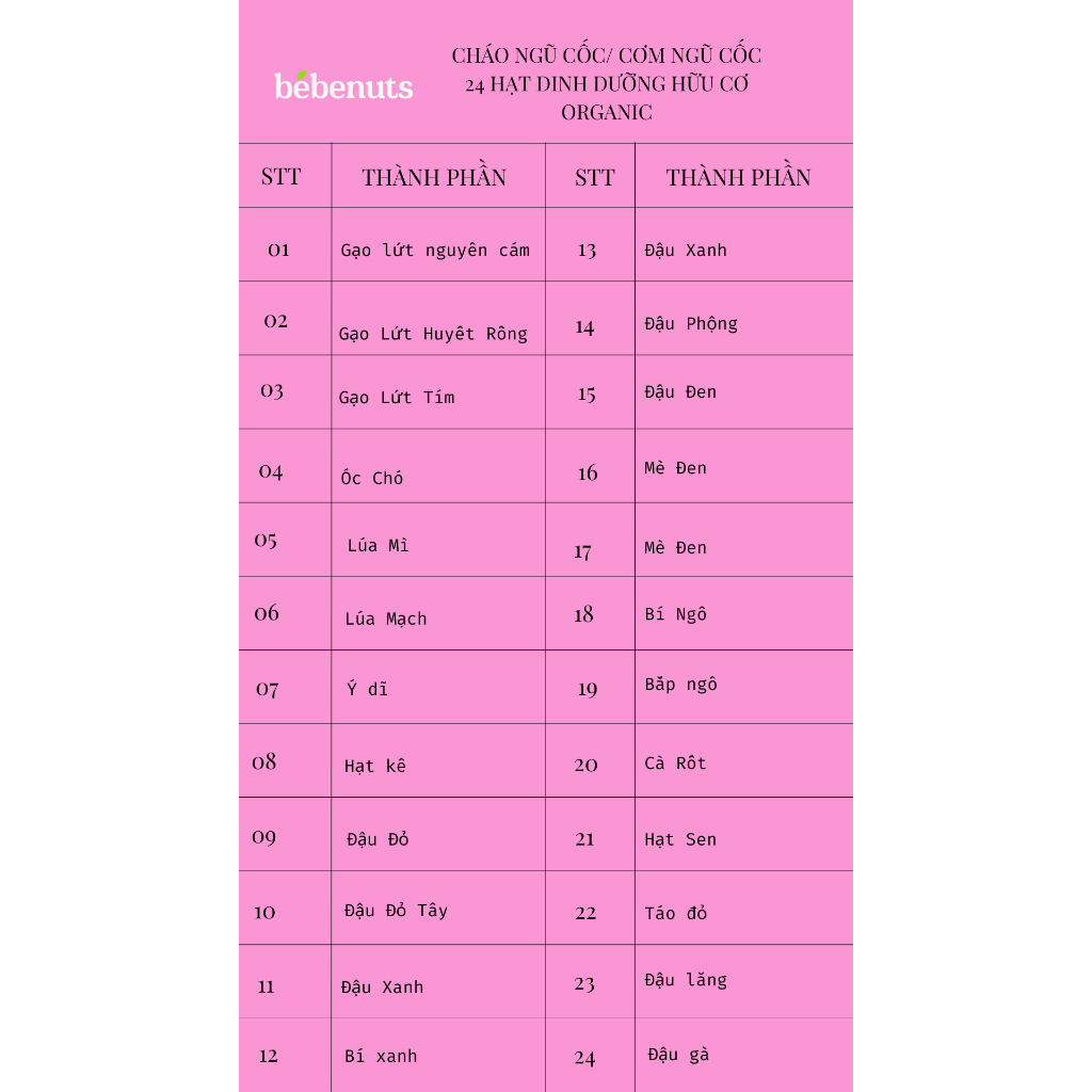 Cháo ngũ cốc/cơm ngũ cốc 24 loại hạt hữu cơ organic BEBENUTS 7 vị 7 ngày - Sản xuất tại Việt Nam Chất Lượng Cao