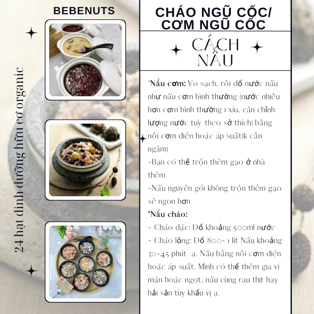 Cháo ngũ cốc/cơm ngũ cốc 24 loại hạt hữu cơ organic BEBENUTS 7 vị 7 ngày - Sản xuất tại Việt Nam Chất Lượng Cao
