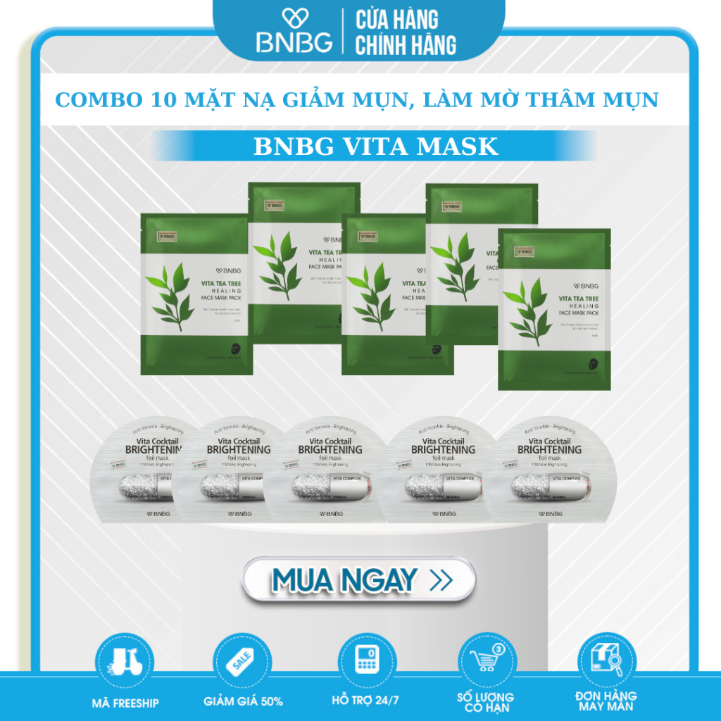 Combo 10 mặt nạ BNBG giảm mụn, làm mờ thâm nám chuyên sâu (Brightening x5, Tràm trà x5)