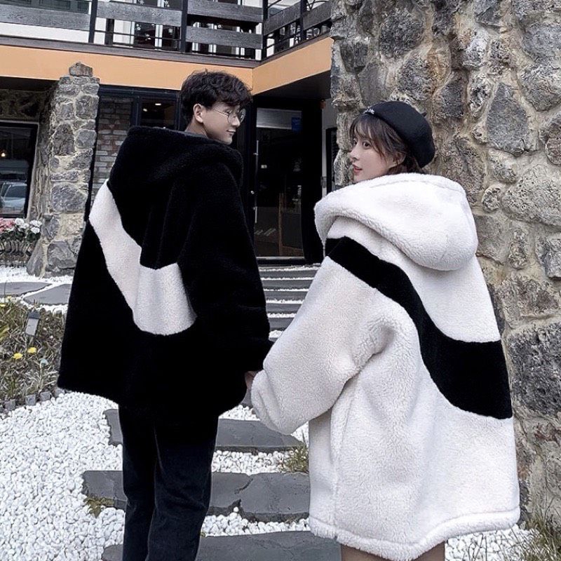 Áo Khoác Lông Tích Chéo 2 Màu Đen Trắng Form Rộng