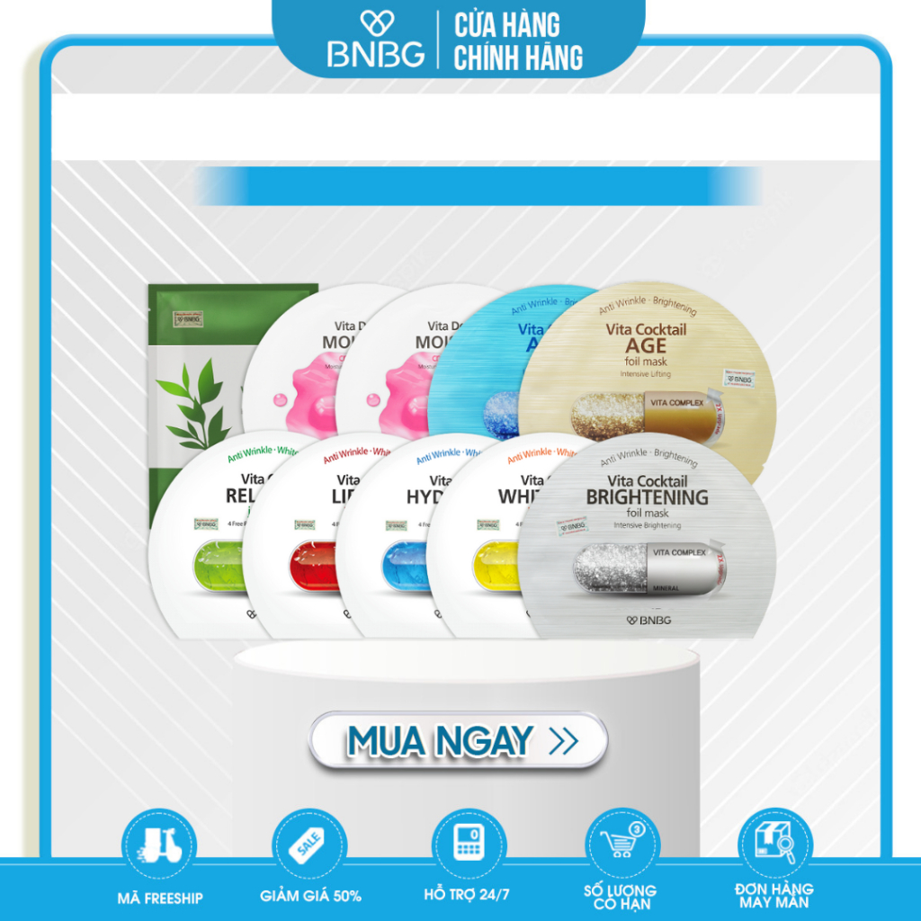 Combo 10 mặt nạ đủ bộ BNBG ( WHITENING , RELAXING, HYDRATING, LIFTING, AQUA , AGE, BRIGHTENING, TRÀM TRÀ, CREAM X2 )