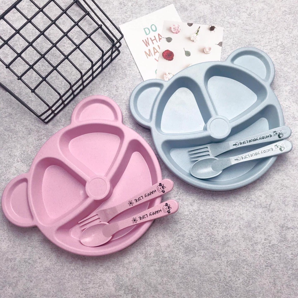 Khay Ăn Dặm Lúa Mạch Hình Gấu Kèm Thìa Dĩa Cho Bé