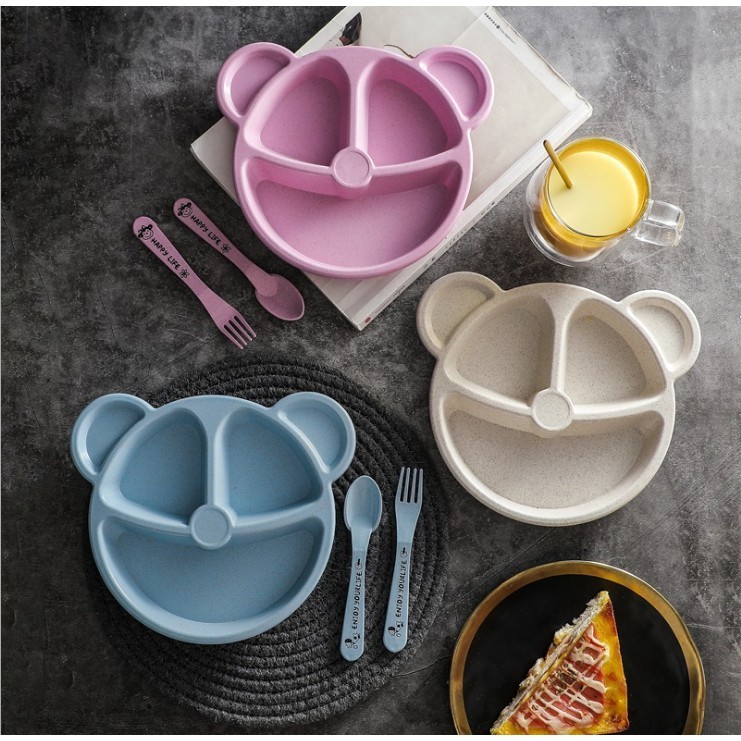 Khay Ăn Dặm Lúa Mạch Hình Gấu Kèm Thìa Dĩa Cho Bé