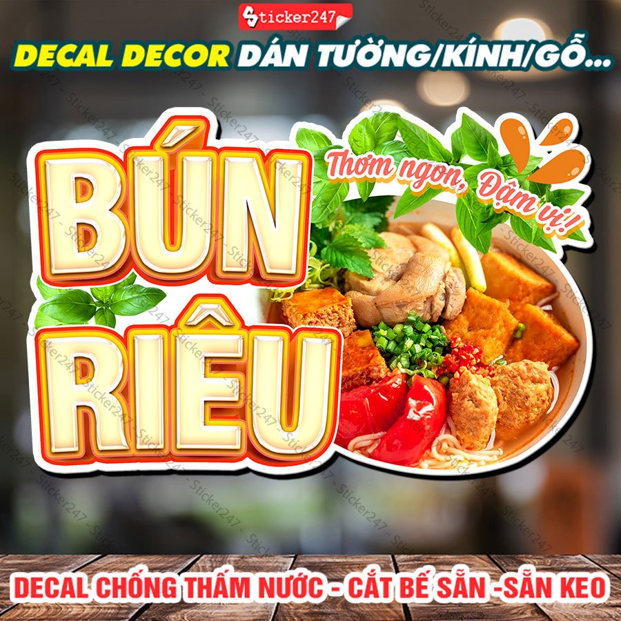 Tranh Dán Tường Bún Riêu 🌈 Decal Dán Tường Trang Trí Quán - Sticker Chống Thấm Nước, Chống Nắng, Cắt Sẵn