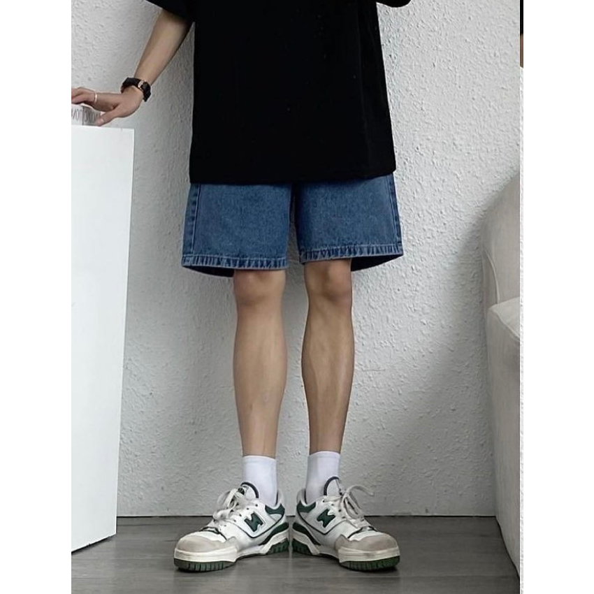 Quần Short Jean Nam Nữ Lưng Thun Màu Xanh Wash Trơn Thời Trang