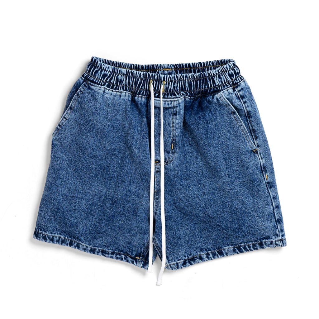 Quần Short Jean Nam Nữ Lưng Thun Màu Xanh Wash Trơn Thời Trang