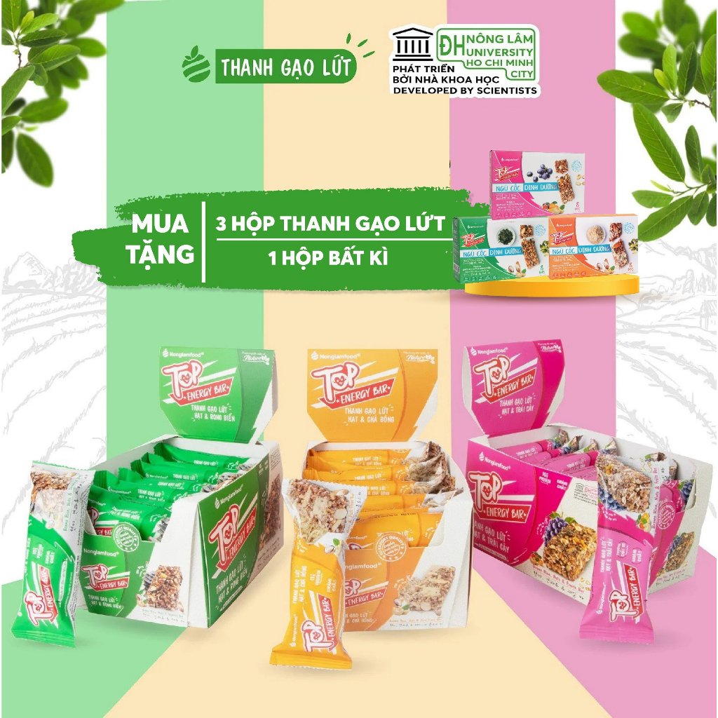 Combo 3 hộp thanh gạo lứt ngũ cốc Top Energy Bar hạt và chà bông, rong biển, trái cây 272g Nonglamfood