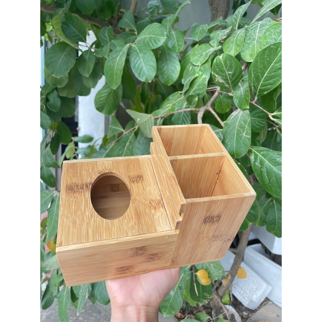 Khay đựng đũa, thìa, giấy ăn bằng tre BAMVINA- Khay đa năng có chia ngăn, ngăn đựng giấy có nắp tiện lơi