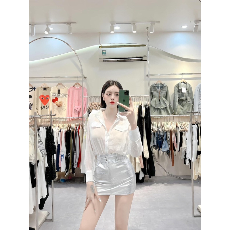 Chân váy da bóng 2 khuy QC