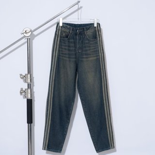 Quần Baggy Jean Nữ Lưng Cao Viền Sọc Kiểu Dáng Trơn Màu Retro