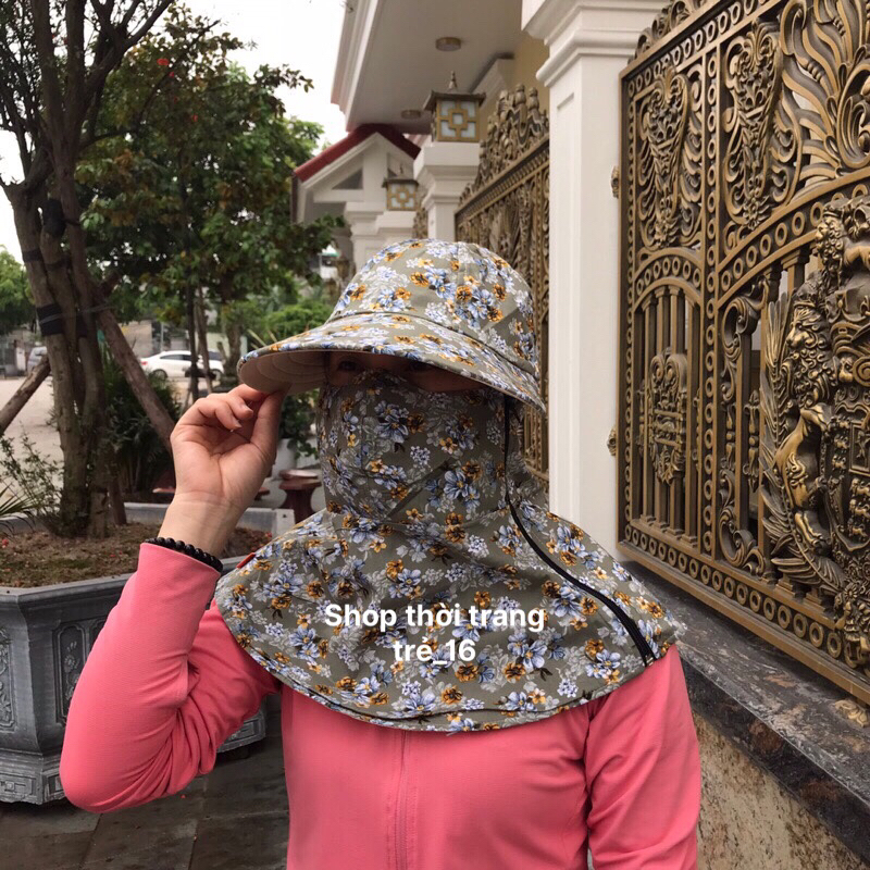 Mũ chống nắng đa năng nữ,  mũ chống nắng kèm khẩu trang trùm vai gáy mũ vải cotton