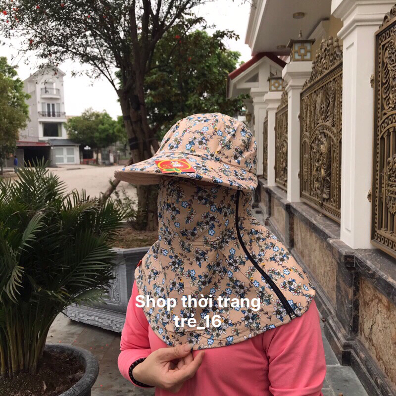 Mũ chống nắng đa năng nữ,  mũ chống nắng kèm khẩu trang trùm vai gáy mũ vải cotton