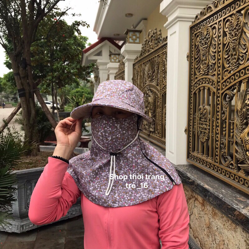 Mũ chống nắng đa năng nữ,  mũ chống nắng kèm khẩu trang trùm vai gáy mũ vải cotton
