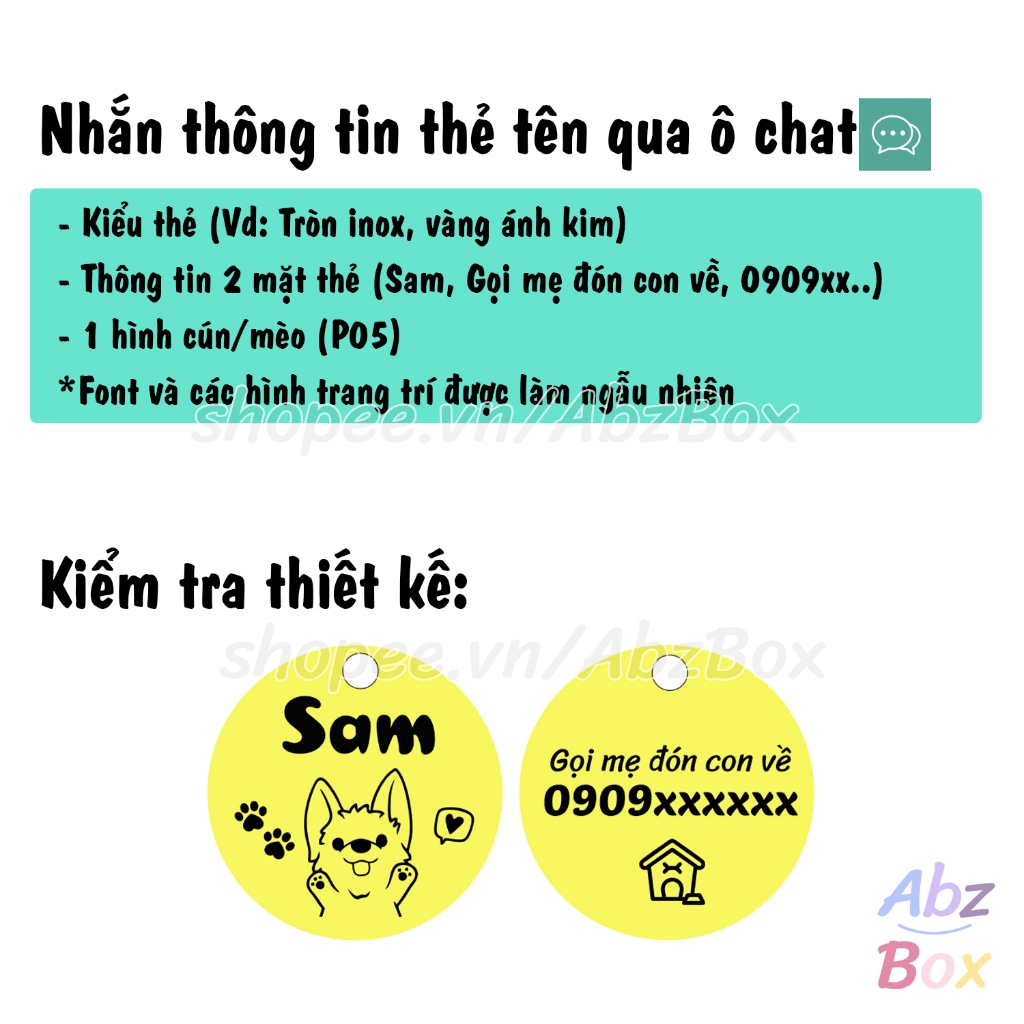 Thẻ tên cho Chó Mèo - Bảng tên cho thú cưng inox  Abz Box