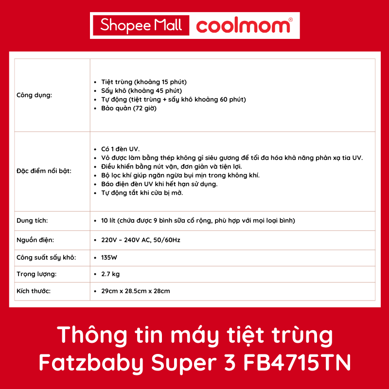 Máy tiệt trùng sấy khô UV Super 3 Fatzbaby FB4715TN