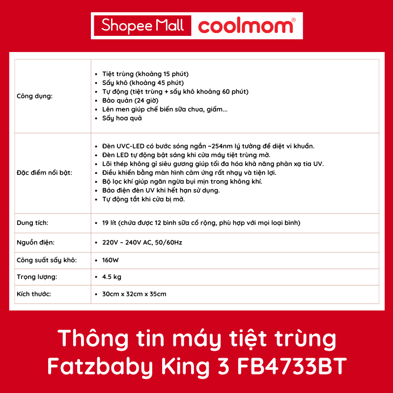 Máy tiệt trùng sấy khô UVC - LED Fatzbaby KING 3 FB4733BT 19 lít