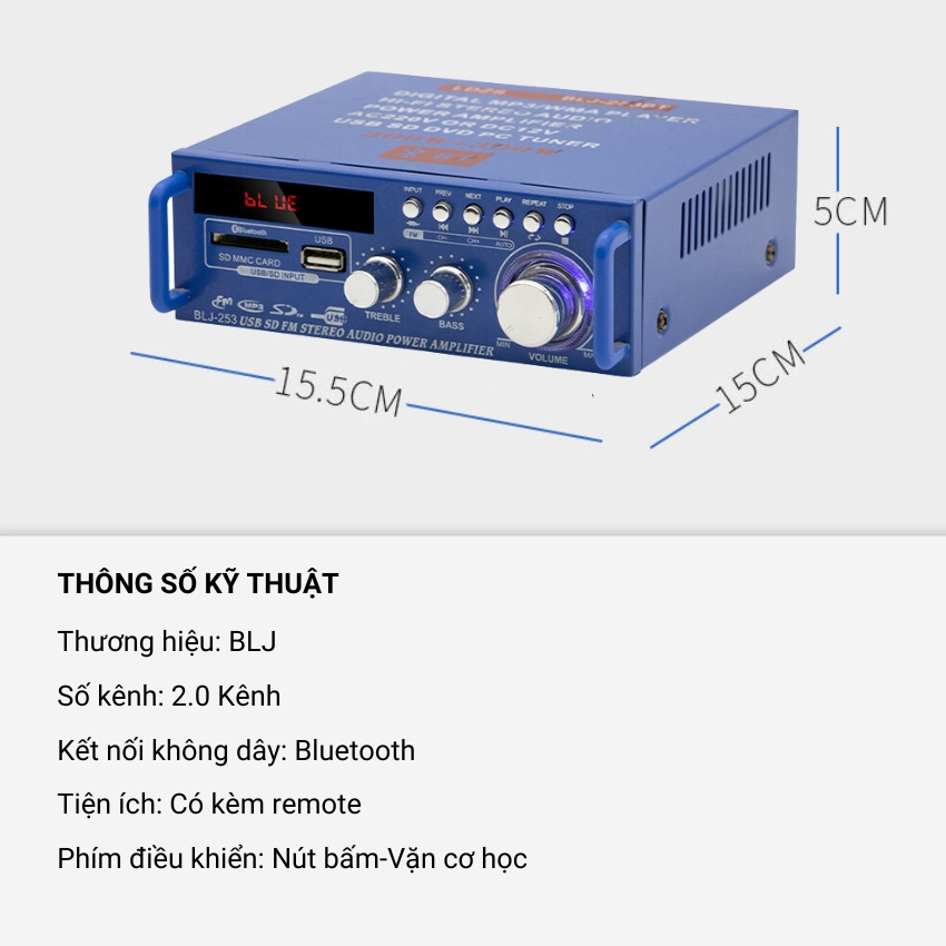Amply Bluetooth Sunbuck BLJ 253 Công Suất Mạnh Mẽ, Chất Lượng Âm Thanh Đẳng Cấp Vượt Trội, Sử Dụng Được Trên Xe Hơi