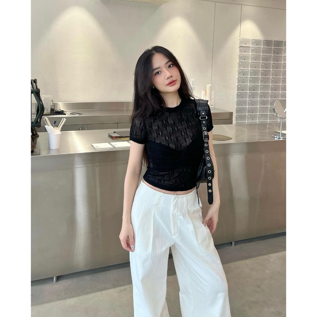 Áo thun ren mỏng nhẹ Gemboutique 2 tone màu basic cực sang xinh - LUMI TOP