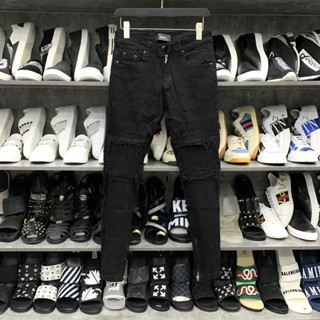 Quần jean bò nam slimfit Amiri đen gối rách xước vá vải nhăn phối khoá zip ống chân phong cách streetwear