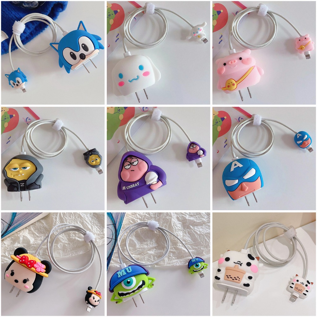 Bộ Phụ Kiện Bảo Vệ Củ Sạc Và Đầu Cáp Sạc Bằng Silicon Cho Sạc Nhanh IPHONE PD 18W/20W Họa Tiết Hoạt Hình Dễ Thương